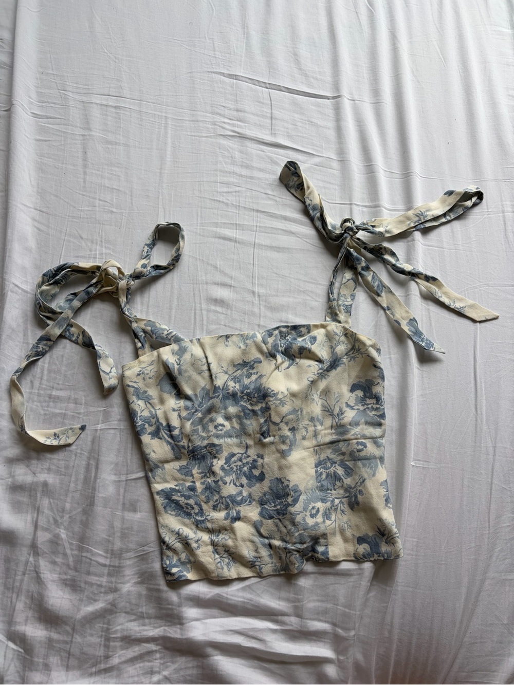 Reformation Floral Tie-Shoulder Crop Top in Cream and Blue